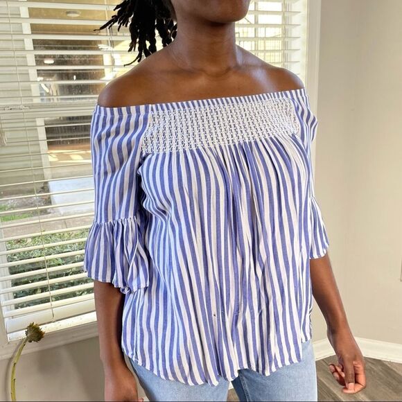 2/$20 a.n.a. Off Shoulder Striped Blue White Top - Picture 3 of 12